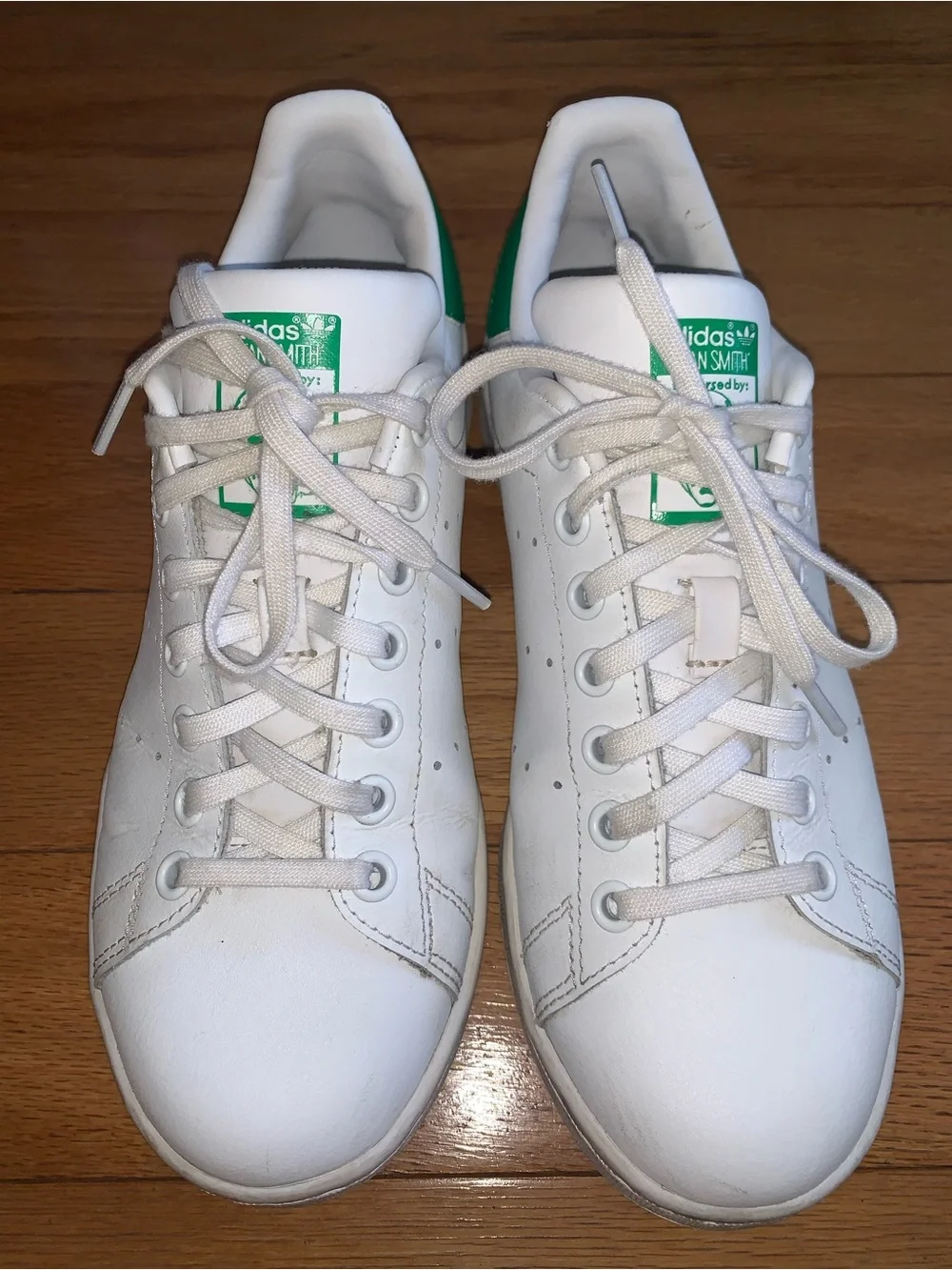 adidas Stan Smith White Sneakers with Green Heel Tab and Tongue, Women’s 7.5